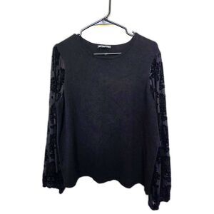 Adrianna Papell Black Burnout Velvet Floral Jacquard Bishop Sleeve Top XL